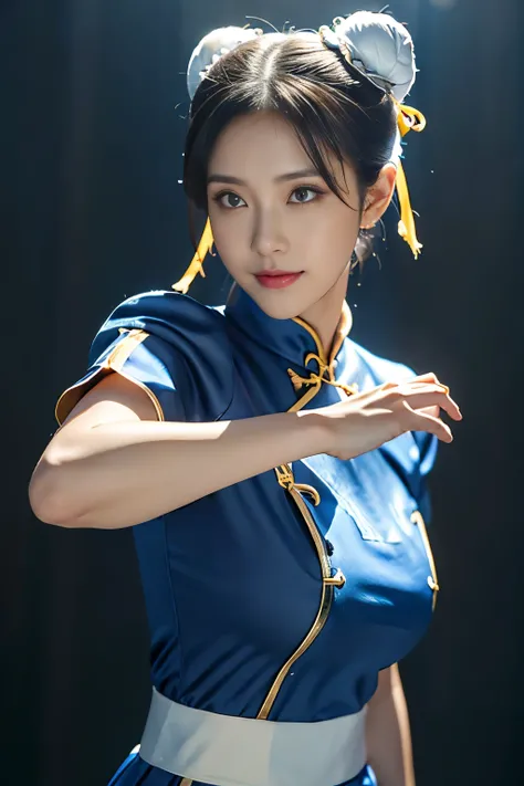 Chun-Li from Street Fight II,perfect chun li costume,Blue cheongsam with gold lines,Bun head,bun cover,fighting pose,masterpiece、1 beautiful girl、fine eyes、puffy eyes、highest quality, 超High resolution, (reality: 1.4), movie lighting、Japanese、asian beauty、K...