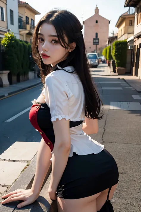 (to the firmware), 1 woman, 20yr old, 7headed body, (Clear face), (ideal body proportions), Modern old town view, ((Lolita costume:1.5)), (((Red muffler))), Wet with,  white skinned, slenderness, black hair color hair, Long gray hair, pretty legs, little a...