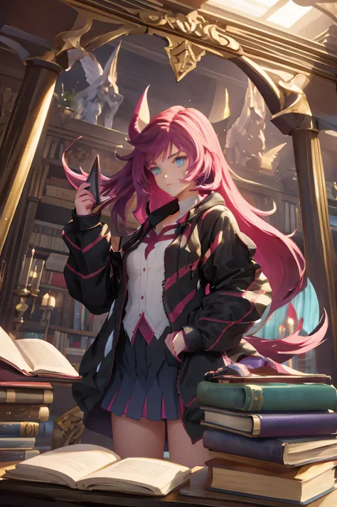 teenage woman, battle outfit, horns, long hair, reading in the library, floating books, magical books