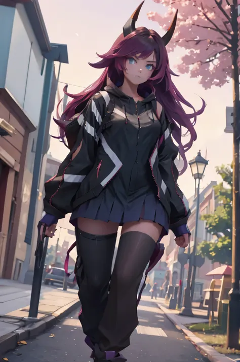 teenage woman, battle outfit, horns, long hair, walking through town