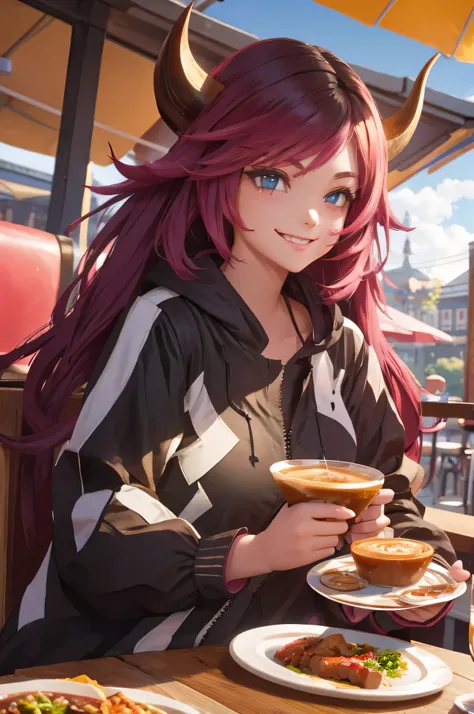 teenage woman, battle outfit, horns, long hair, happily eating in a cafe, happy, big smile