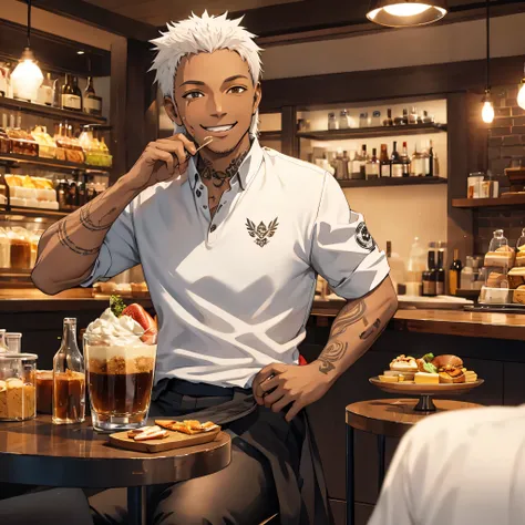 35-year-old male, dark-skinned, tattoos, white hair, happily eating in a cafe, happy, big smile