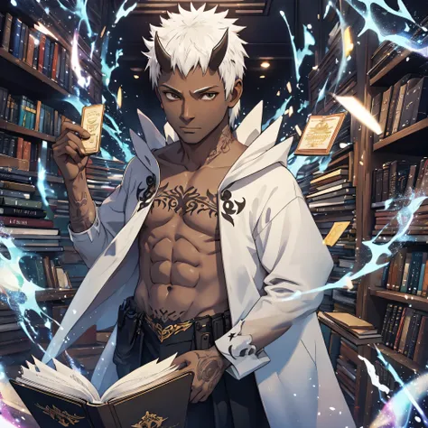 35-year-old male, dark-skinned, tattoos, white hair, horns, reading in the library, flying books, magical books