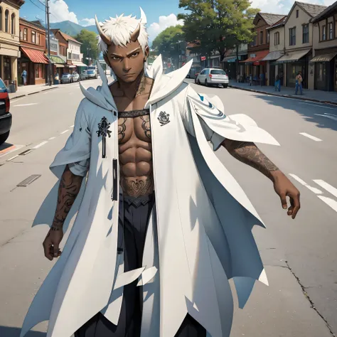 35-year-old male, dark-skinned, tattoos, white hair, horns, walking through town