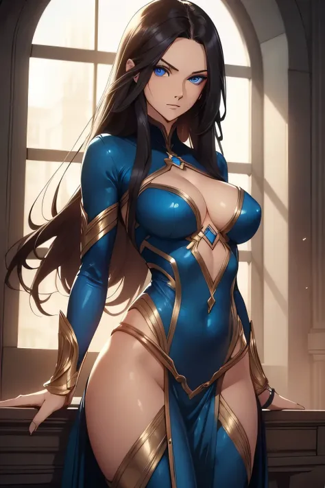 1 beautiful woman, fair skin, long dark hair, blue eyes, ((detailed eyes:1.2)), medium breasts, wearing sexy superheroine costume, elegant, sensual, window boob, (masterpiece, top quality, best quality, official art, beautiful and aesthetic:1.2), extreme d...