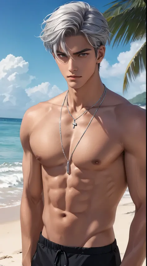 1 boy,Handsome，tall and strong,perfect male figure, eyes looking at camera, ((tanned skin)),beach，silver hair,serious expression,necklace,Ray tracing