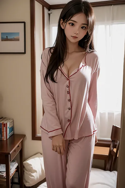 A 25-year-old B-cup bust female college student is in her old room in her pajamas.。