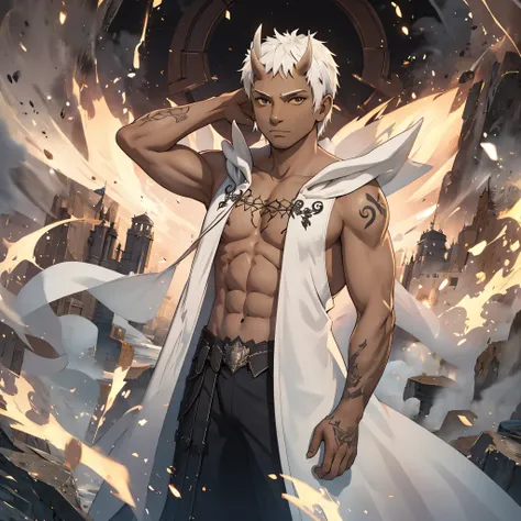 35-year-old male, dark-skinned, tattoos, white hair, horns, standing in front of a castle, back to the camera, large castle faci...