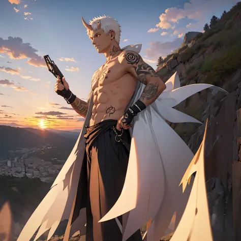 35-year-old male, dark-skinned, tattoos, white hair, horns, standing on cliff edge overlooking town, sunset, back facing camera