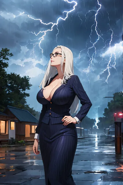 mature woman, glasses, long hair, big breasts, standing in the rain, rainstorm, pouring rain, looking to the sky, thunderstorm