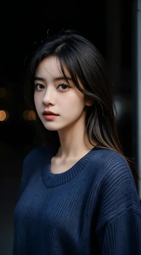 Best quality, masterpiece, ultra high res, (photorealistic:1.5), raw photo, 1girl, dark blue sweater, street background , deep shadow, low key, cold light, sexy look, long hair