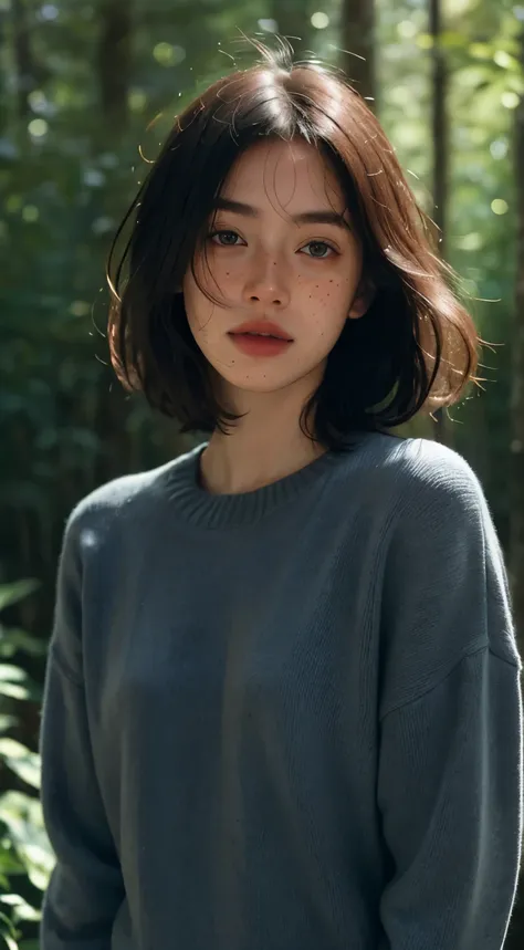 Best quality, masterpiece, ultra high res, (photorealistic:1.5), raw photo, 1girl, dark blue sweater, dense forest , deep shadow, low key, cold light, sexy look, Bob hair, ((freckles)), in front of him there were wild plants, blurry background.
