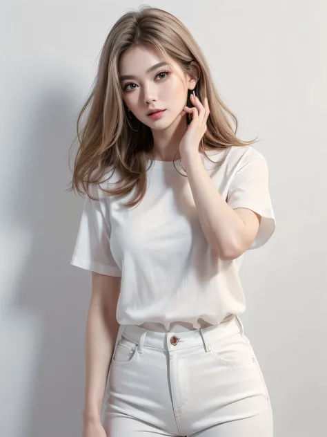 (highest quality, High resolution, masterpiece :1.3), beautiful adult woman, Long contour, ((pure white background)), (wear a white shirt, wearing red wide pants), (loose wavy gray bob hair), ((Accurately express details such as faces and skin textures)), ...