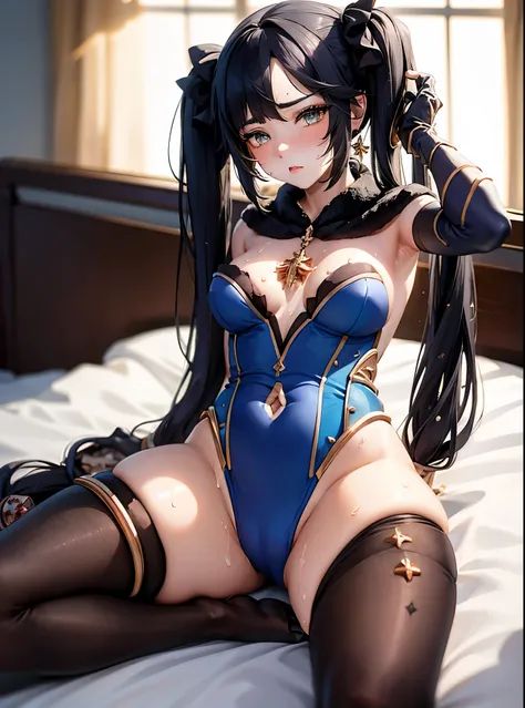 UHD,textured skin, high details, anatomically correct,SOLO,(1 Female,big oppai),(brown hair)(twintails:1.7),(Wearing A see-though One-piece stockings:1.4),(Wearing blue long gloves:1.7),(Spreading legs:1.7),(Lying on the Lux bed:1.7),(The royal classic roo...