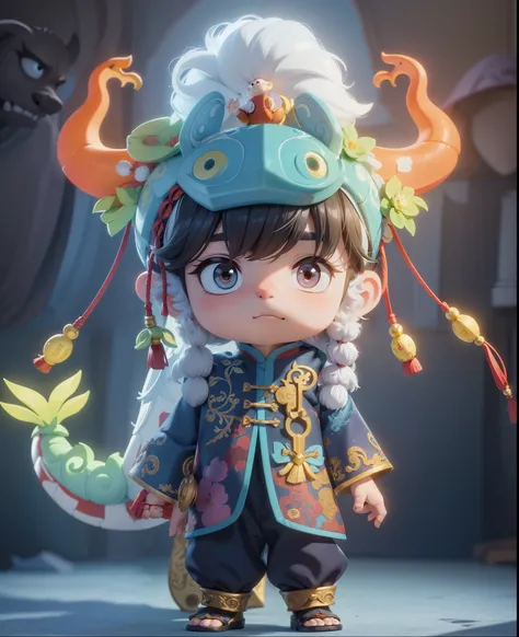 1 person, Reference table, (fantasy character sheet, front, Back, side, rear) A boy dressed as a Chinese dragon holds a toy in his hands，The style is similar to vray depiction，kawaii aesthetics，Rococo art，appropriation artist，bright scene，shining eyes (mas...