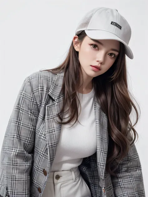 (highest quality, High resolution, masterpiece :1.3), beautiful adult woman, Long contour, ((pure white background)), (Plaid jacket, white shirt, Wide trousers in gray, have), (loose wavy gray bob hair), ((Accurately express details such as faces and skin ...