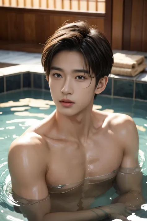 (best quality, masterpiece), 1boy, handsome, kpop idol, intricate details, handsome detailed face, completely naked, penis, muscular, bathing in onsen, looking at viewer, depth of field, detailed background, diffused natural sunlight, natural skin glow, hi...