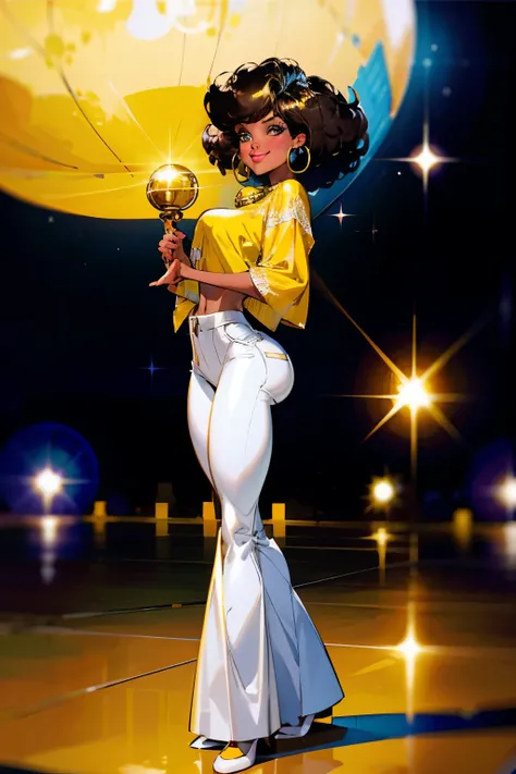 1 young female ,  smile, dark skin tone, afro hair,  a pair of sparkly bell-bottoms, a white blouse,   yellow and cyan tone, 1970s,   huge ear ring, Bell-bottoms, flares,   Disco Mirror Ball,
analog style (35mmstyle:1.1),  masterpiece, , cinematic lighting...