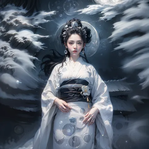 (Award-winning masterpiece, incredibly detailed, textures and maximum detail), (surrealistic:1.4), (stunningly anatomically perfect and beautiful style:1.9), (translucent white skin and top quality realistic textures:1.8), (Yuki-onna in Japanesefolk tales:...