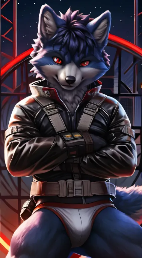 crystal, Star Fox, male,Dark emerald hair， (detailed), fluffy, alone, Meticulous and pragmatic, exquisite eyes, ( The pupil of the Eye of the Blood Wheel), (( black and red eyes)), good quality, high detail, detailed的皮毛, ((The tail is in the correct positi...