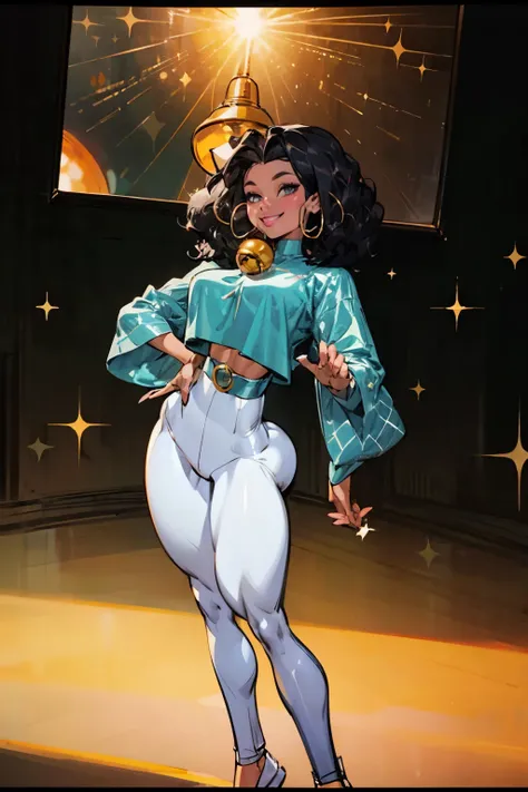 ((masterpiece)), 1 young female ,  smile, dark skin tone, afro hair,  a pair of sparkly bell-bottoms, a white blouse,   yellow and cyan tone, 1990s,  dark hair,  huge ear ring, Bell-bottoms, flares,   Disco Mirror Ball,
analog style (35mmstyle:1.1),  maste...