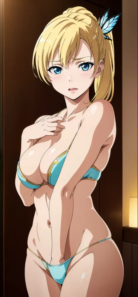 seina kashiwazaki, 1girl,wearing a blond ponytail, with a delicate butterfly hair ornament, displaying medium breasts, while blu...