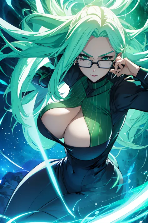 mature woman, glasses, long hair, big breasts, battle outfit, glowing green hair, floating hair, wind aura, wind magic, floating...