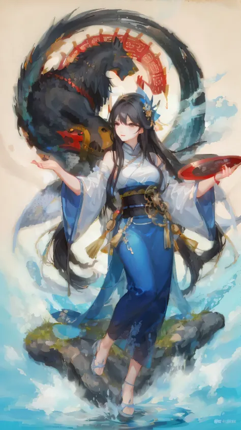 goddess，Legend of Luo Shen，whole body，side，long hair，black hair，masterpiece，black eyes，Chinese mythological and legendary figures，Water dance，side侧身姿势