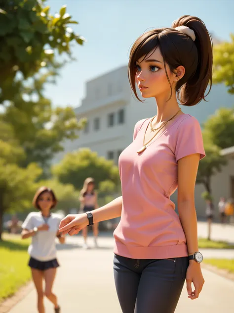 brown hair, blue eyes, ponytail, cheerleader outfit, gold necklace, wrist watch, walking, facing viewer, sunny day, photorealist...