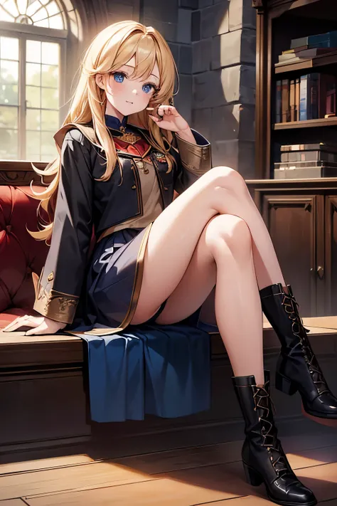 masterpiece, best quality, {best quality}, {{masterpiece}}, {high resolution}, girl，Hogwarts，Uniforms，Gryffindor，sitting position，blonde，cute，1gril，Black high-heeled boots，beauty，big blue eyes