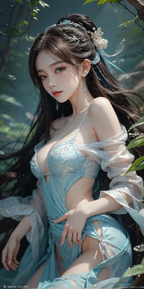 gufeng,bare shoulders,best quality，masterpiece，ultra high resolution，clear face,（Realism：1.4），RAW photos，cold light，woman wearing transparent dress underwater，Full body image，wallpaper anime blue water，Gurwitz-style artwork，Close-up fantasy of water magic，...