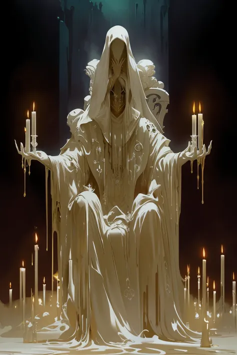 arafed image of a lich cloaked in melting white wax. sitting on a throne with candles, an ominous fantasy illustration, detailed 4k horror artwork, peter mohrbacher. unreal engine, fantasy horror art, horror fantasy art, peter mohrbacher, dark fantasy horr...