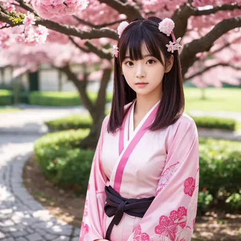 A anime girl wearinga a pink kimono and standing beside a pink tree she has a dagger in hand