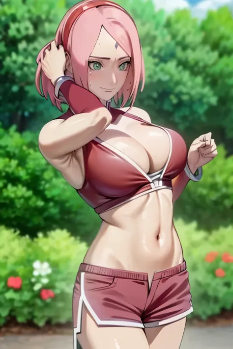 realisticlying， realisticlying，cowboy lens，tmasterpiece，hoang lap，1girll，Sakura Haruno，forehead mark，uchiha crest, red hairband，Red bra，white shorts，nabel，groin，bangle，looking at viewert，ssmile，short hair, SakuraNS，Private garden，ventania，Floating hair，big...