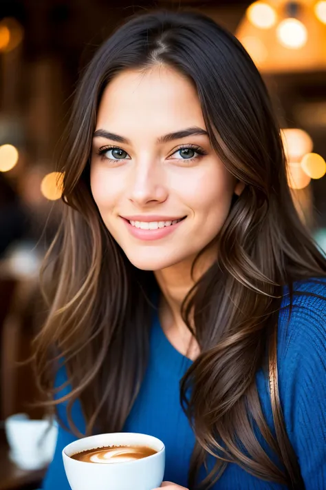 Beautiful woman with long brown hair and a captivating smile, dressed in a stylish outfit, sitting in a cozy café, savoring a cup of steaming coffee. The scene is captured with exquisite attention to detail, showcasing the womans flawless complexion, her m...