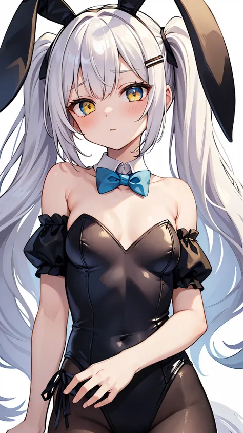 1girl, solo, (masterpiece, best quality), simple background, white background, blush,  white hair, long hair, twintails,  blue eyes,  yellow eyes, heterochromia, bangs, small breast, hair clip, upper body, looking at viewer, bare shoulders, playboy bunny, ...