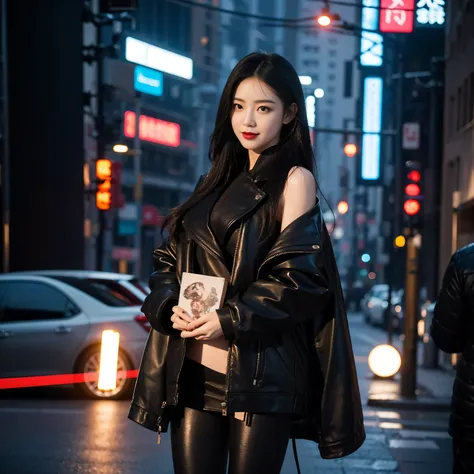 On a street full of cyberpunk atmosphere，A beautiful woman stands among them，She is wearing black leather pantyhose，Paired with gorgeous black。Her facial lines are clear and three-dimensional，Exudes cool beauty，Like a mechanical girl in the future world。

...