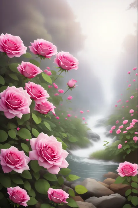 Fancy elegant botanical rose floral maximalism with a wave of fresh flowers garden flowers flowing floating in soft mist pink, water, Soft apricot, Massive smoke and realistic flower fractals, octane rendering, josephine wall art, Isabel I went, let, Amy B...