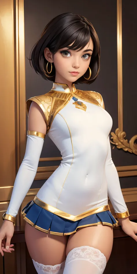 ((((masterpiece)))), high quality, very_high_resolution, large_filesize, full color, gold eyes, brown eyes, cute, adorable, beautiful, high contrast, 5 fingers, slim body, bobbed haircut, hoop gold earrings, black hair, small breasts, full body display, bl...