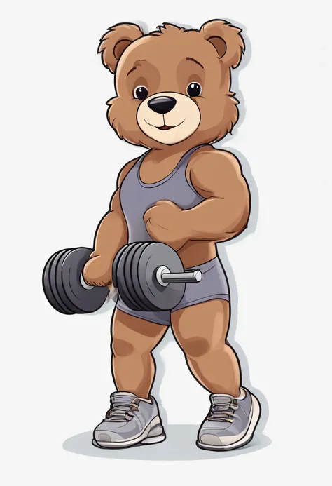 a cartoon sticker with a training teddy bear, holding two dumbbells in a gym outfit. Her body is cute and her hair is brown with white spots on her chest. Images with white backgrounds and illustrate different positions and expressions. Buchzeichnungsstil ...