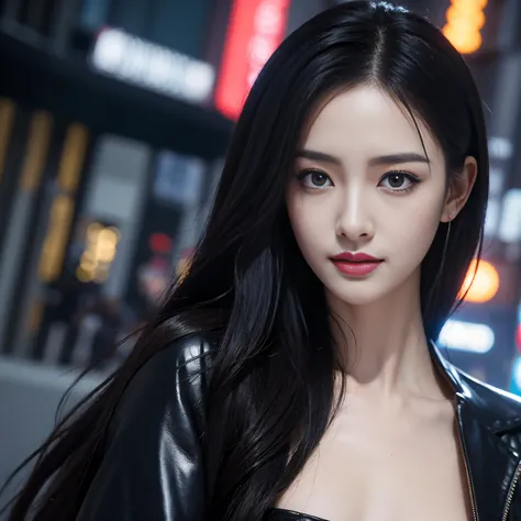 On a street full of cyberpunk atmosphere，A beautiful woman stands among them，She is wearing black leather pantyhose，Paired with gorgeous black。Her facial lines are clear and three-dimensional，Exudes cool beauty，Like a mechanical girl in the future world。

...