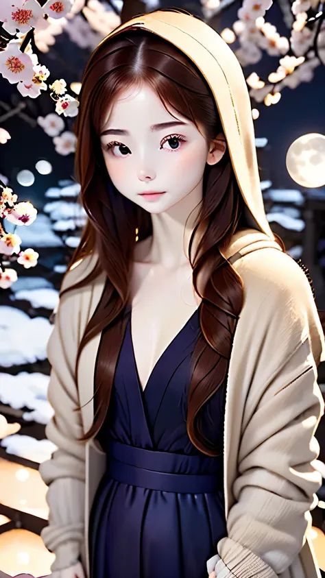 RAW photo、real、Realistic highest quality、High resolution、Super detailed、master piece、one girl、１６talent、anatomy、(((night time、Pale Moon、Pale moonlight)))、cute、plump lips、small breasts、small breasts、short bob、brown hair、old clothes、Natural color poncho style...