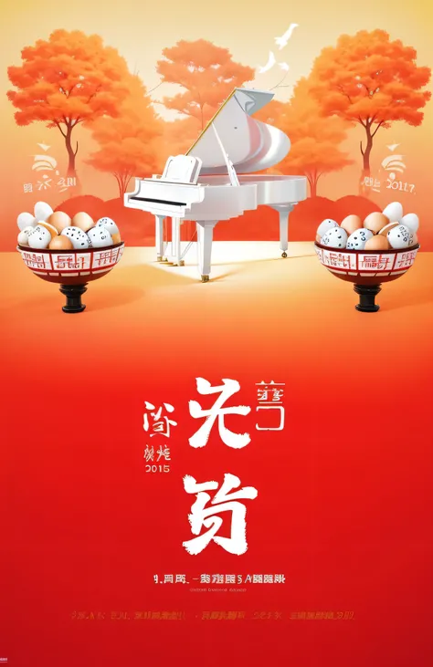 there is a poster with a piano and a bowl of eggs, 2015, 2 0 1 5, promotional poster, Chiba Yudai, Wang Chen, 2016, 2 0 1 6, Hungry Ghost Festival, 2017, 2 0 1 7, poster