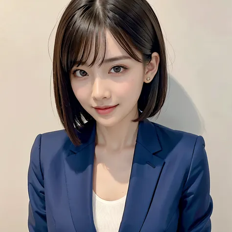 (highest quality、table top、8k、best image quality、Award-winning work)、1 Beautiful OL、(solo:1.1)、straight short hair、perfect bangs、(Woman wearing perfect navy business suit:1.5)、Polyester shirt、(The simplest single color background:1.3)、(Perfectly fixed to t...