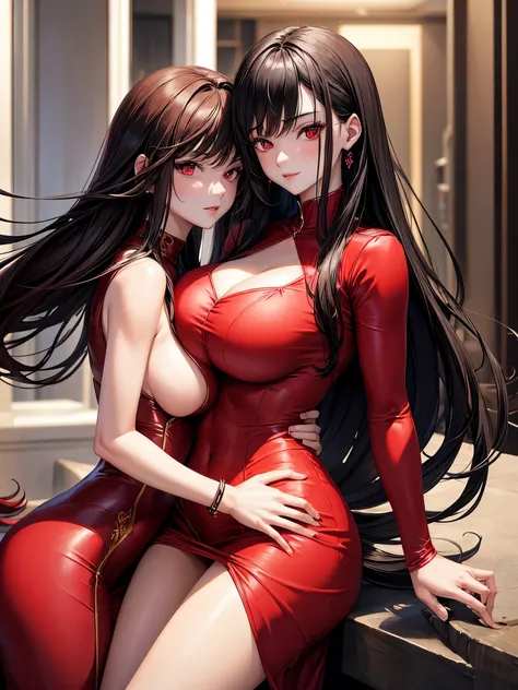 1woman and 1man, brunette long hair and red eyes, sexy body and big breast, wearing a sexy red dress, 1MAN with short black hair and red eyes in a sexy suit, ultrasharp, looking at the viewer, ((best quality)), ((masterpiece)), (detailed), couple hugging,