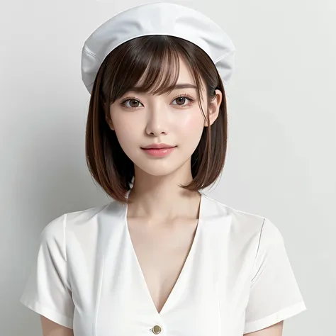 (highest quality、table top、8k、best image quality、Award-winning work)、1 beautiful nurse、(solo:1.1)、straight short hair、perfect bangs、(perfect and most natural nurse uniform:1.2)、(Perfect and most natural plain white nurse cap:1.2)、(the most natural real nur...