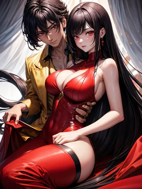 1woman, brunette long hair and red eyes, sexy body and big breast, wearing a sexy red dress, 1MAN with short black hair and red eyes in a sexy suit, ultrasharp, looking at the viewer, ((best quality)), ((masterpiece)), (detailed), couple hugging,