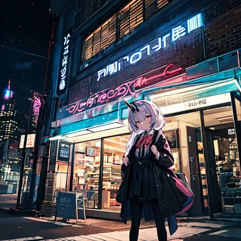 1 girl, pink long hair, red horn, white collared shirt, black tie, yellow eyes, Keratinous_force,, building,shop,city street, dark sky, scenery,neon sign,City of night, Japanese lyrics,, , disorganized, fine eyes, very detailed, volume lighting, realistic,...