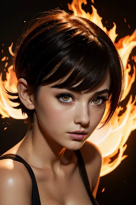 最high quality, 1 girl, (Dakotsky:1.0), black eye, pixie cut, (big breasts), cleavage、blush, ho､(((black background)))、masterpiece, 最high quality, high quality, High resolution､fiery, surrounded by flames, dota2 fire girl style, (((close up of face)))