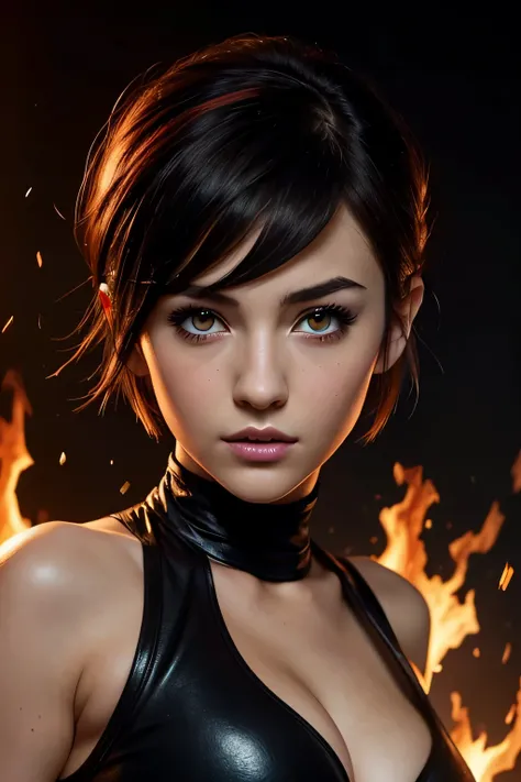 最high quality, 1 girl, (Dakotsky:1.0), black eye, pixie cut, (big breasts), cleavage、blush, ho､(((black background)))、masterpiece, 最high quality, high quality, High resolution､fiery, surrounded by flames, dota2 fire girl style, (((close up of face)))